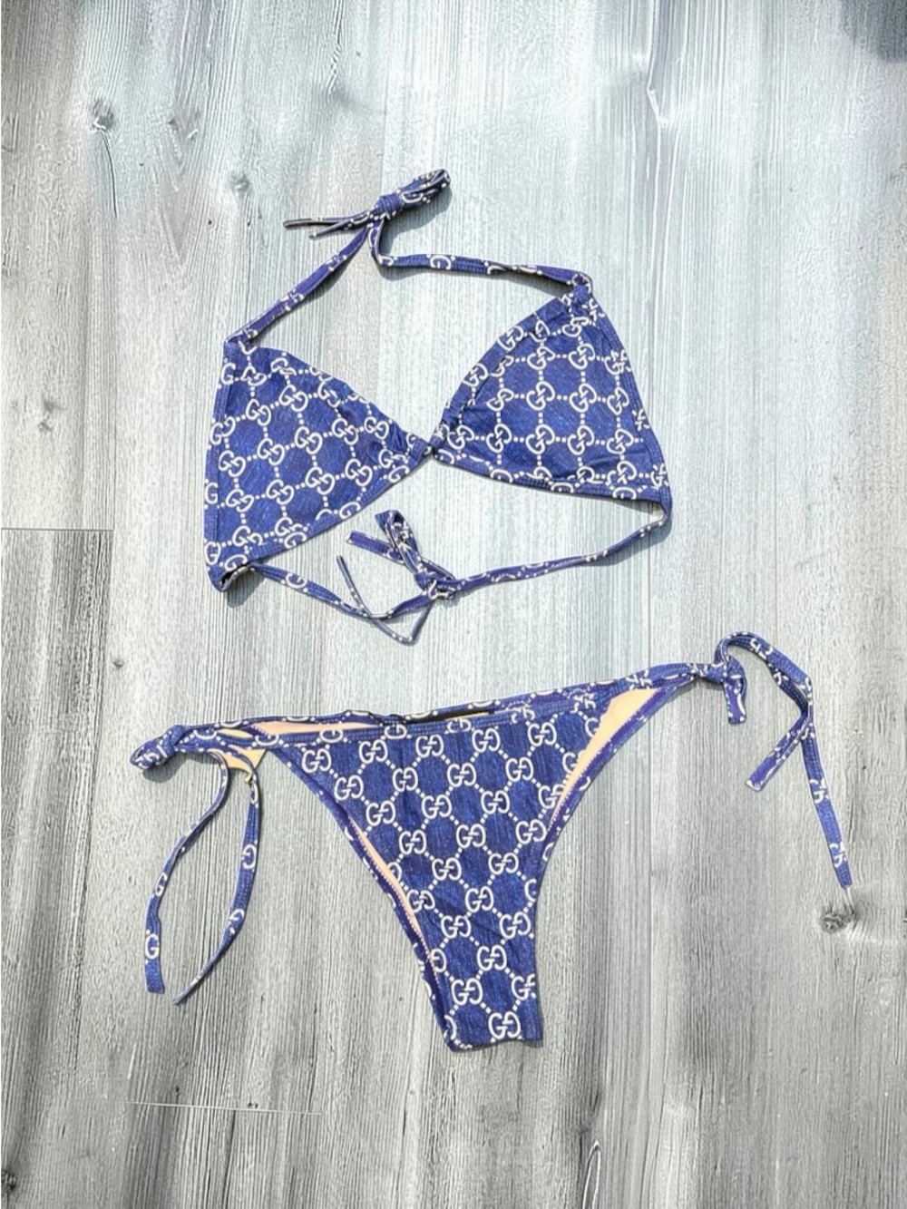 Gucci GG Monogram String Bikini Blue White Size Large